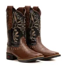BOTA TEXANA FEMININA BORDADA LATEGO CHOCOLATE ECO PRETO COUNTRY COURO COWBOY Rodeio Confort REF6165