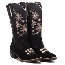 Bota Country Feminina Preta Camurça Couro Legítimo Confortável Bordado Western Texano Estilo Luxo