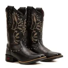 Bota Texana Confortável  Feminina Couro Bordado Country Festa Rodeio Estampa Cowboy
