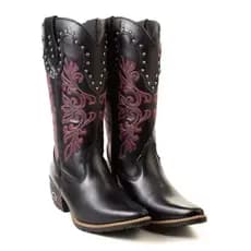 Bota feminina bico fino elegante detalhe rosa para rodeio festa de peão vaquejada cavalgada conforto e muito estilo