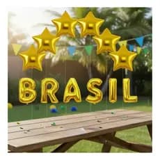 Kit Decoração Brasil Copa 6 Balões Estrela e Letras BRASIL Douradas