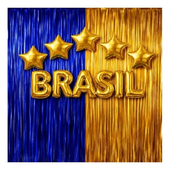 Decoração Copa Brasil Kit com 5 Estrelas Amarelas Letras BRASIL e Cortinas