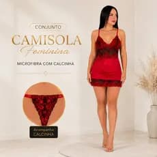 Camisola Feminina com Calcinha Renda Decote V Alça Regulável Microfibra Premium P ao GG