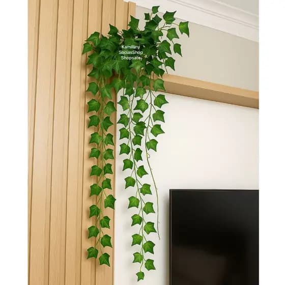 Kit Planta Decorativa: 1 Vaso Trançado Vime + 3 Pendentes Artificial Folhas de Hera Verde Pendente Artificial Enfeite