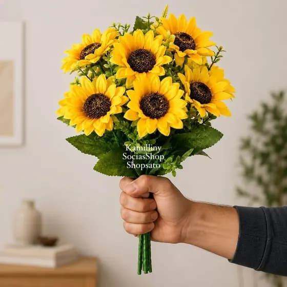 Kit 3 Buquê Girassol Artificial 5 Flores Grande Decoração Arranjos Casamentos Ambientes