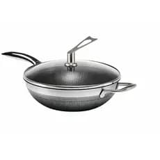 Frigideira Grande Grossa Alta Reforçada Wok  em Aço Inox 30 cm  Antiaderente Indução Cor Inox/Preto Inmetro