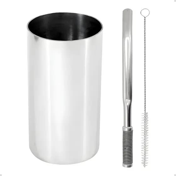 Kit Tereré: Copo Inox Redondo Silver Térmico 300ml + Bomba Achatada Rosca Desmontável Premium