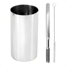 Kit Tereré: Copo Inox Redondo Silver Térmico 300ml + Bomba Achatada Rosca Desmontável Premium