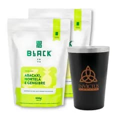 Kit 2 Black Erva Mate Tereré 500g Abacaxi Hortelã Gengibre + 1 Copo Térmico Preto