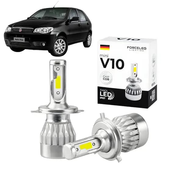 Kit Led de Farol Fiat Palio Full Mini V10 (2 Lamp.) H3 IP67 ChipCob 6500K Cor Branca Com Leve Azulado
