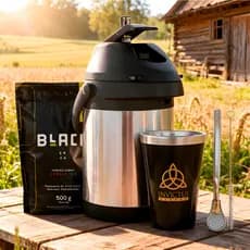 Kit Tereré Premium Copo Térmico Preto + Bomba Inox Achatada + Garrafa 2,5L + Erva Mate Black