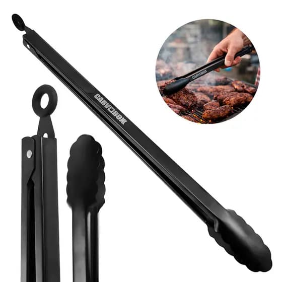 Pegador de Carne Grelha Churrasco 45cm Metal Preto Borracha Antiderrapante Argola de Trava Carvoboxx