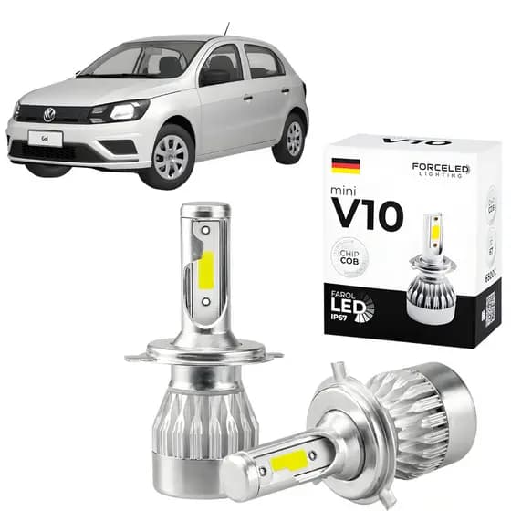Kit Led de Farol Volkswagen Gol Full Mini V10 (2 Lamp.) H3 IP67 ChipCob 6500K Cor Branca Com Leve Azulado