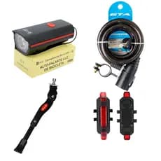 Kit Acessórios de Bicicleta com Farol + Lanterna Traseira LED + Cadeado Aço + Pedal de Apoio – Completo para Segurança