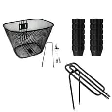 Kit Acessórios para Bicicleta — Cestinha Metálica + Bagageiro + Pezinhos de Apoio (Completo Preto)