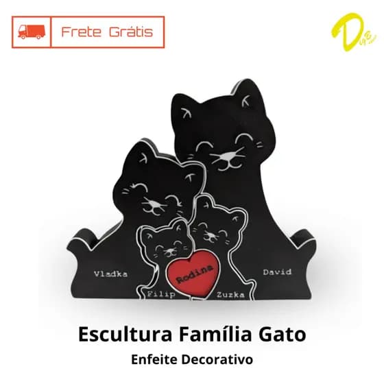 Escultura Família de Gatos Personalizada Nome Enfeite Decorativo