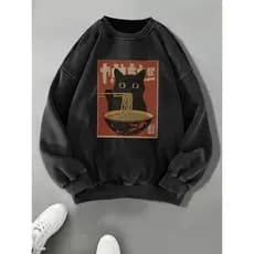 Moletom Feminino Casual Retrô com Estampa de Gato de Desenho Animado Geek Blusa de Frio Agasalho