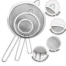Peneira Coador Manual Kit 03 Em Aço Inox 3 Tamanhos P - M - G