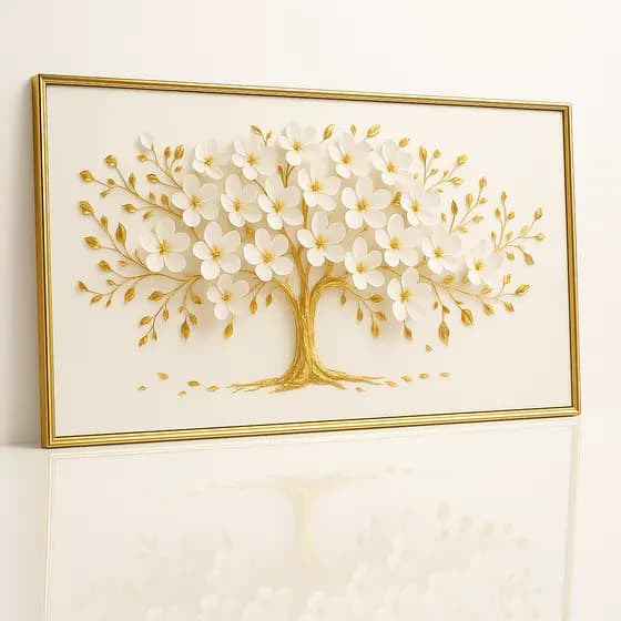 Quadro Decorativo Pintura Árvore da Vida Pétalas Brancas Luxo Decoração Sala Quarto Grande
