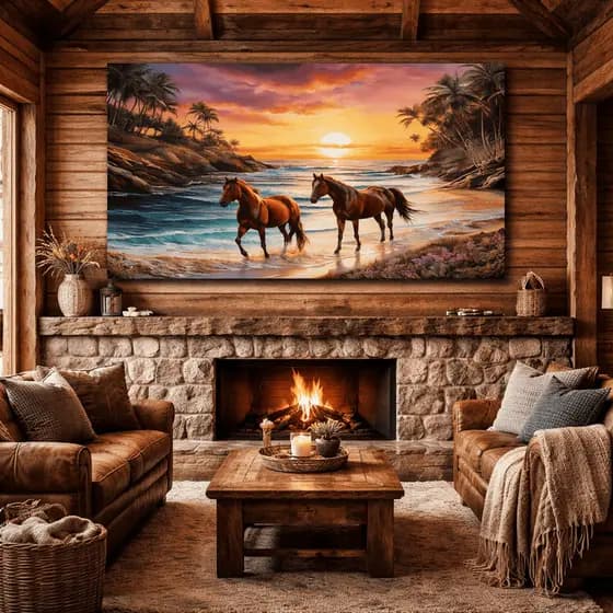 Quadro Decorativo Cavalos Majestosos Na Praia E Pôr Do Sol Grande Elegante Luxo Decoração Sala