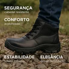 Bota Botina Preta Segurança de Couro Lazzure Masculina Preta Anti-Impacto para Trabalho Resistente