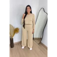 Conjunto Viscolycra Feminino Calça Pantalona com Bolso e Blusa Cropped manga Longa Moletinho Marrom/Bege/Vinho/ Preto