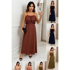 Vestido Feminino Longo com Bojo e Forro Babado de Luxo Vestido feminino Longo luxo Com Bojo Forrado  Babado Com Elástico