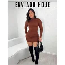 Vestido Canelado Mide Manga Longa Gola Alta para o frio