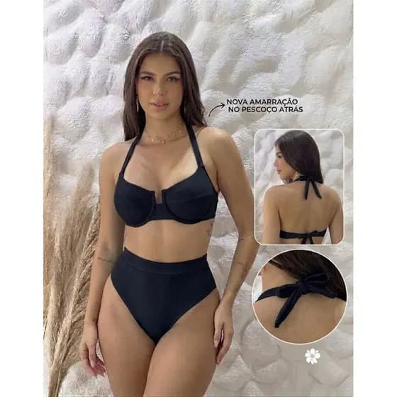 Biquini Feminino Anarruga Meia Taça com Bojo e Calcinha Hotpants Cintura Alta Lançamento Verão Promoção Retro