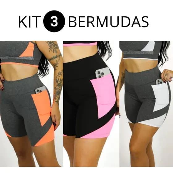 Kit 3 Bermudas Confortavel Fitness Corrida e Academia com Bolsos
