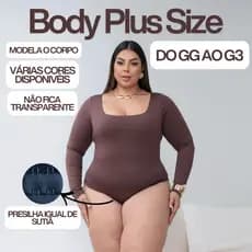 Body Feminino Decote Quadrado Manga Longa Plus Size com Forro no Busto Suplex Premium Veste até o 50