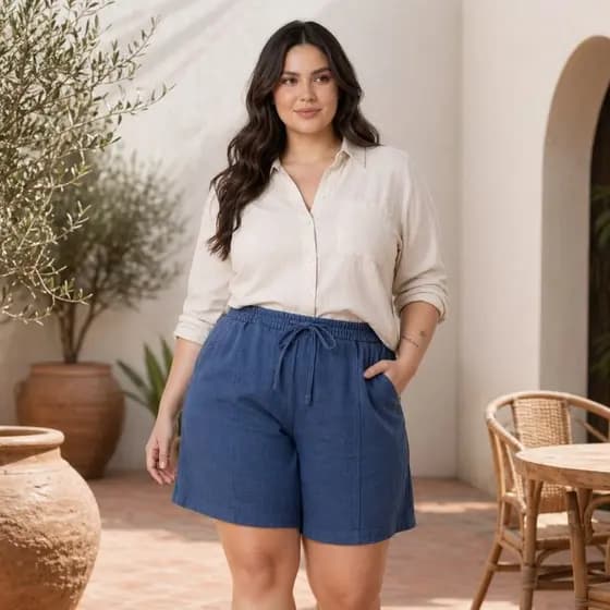 Short Feminino Plus Size Linho Bermuda Cintura Alta GG G1 G2 G3 Com Bolsos Casual Conforto Verão