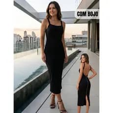 Vestido Midi Feminino Tecido Anaruga Com Alças e Zíper atrás