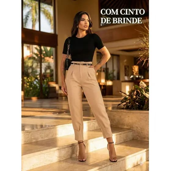 Calça Alfaiataria Feminina Cenoura Elegante Cintura Alta Social Com Cinto Tendência 2026
