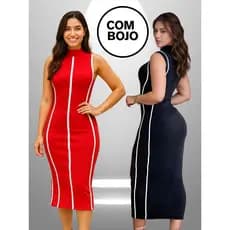 Vestido Midi Feminino Elegante Luxo Com Bojo Tecido Anaruga Bicolor Gola Alta