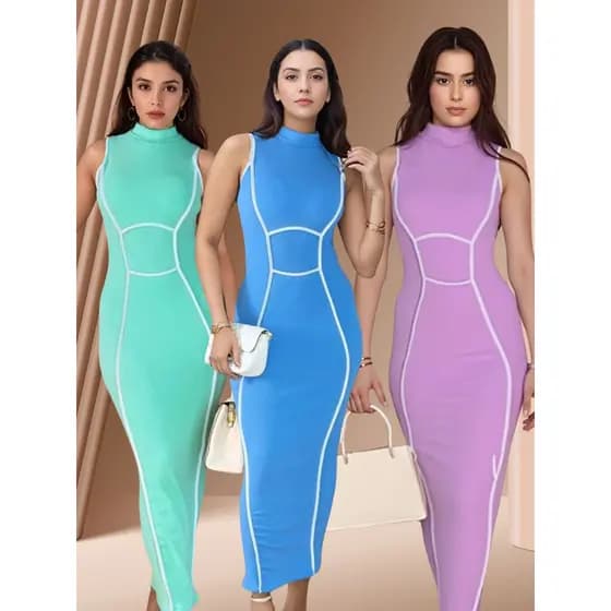 Vestido Midi Feminino Anaruga Bicolor Gola Alta Com Bojo