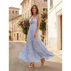 Vestido Longo Feminino Listrado Luxo Festa Elegante Casual Tecido Duna Crepe