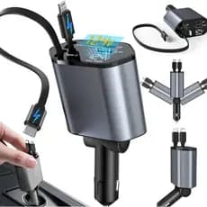 Carregador Retrátil para Carro 4 em 1 TURBO com Luz LED 180° Ajustável e Cabo Flexível para iPhone Android