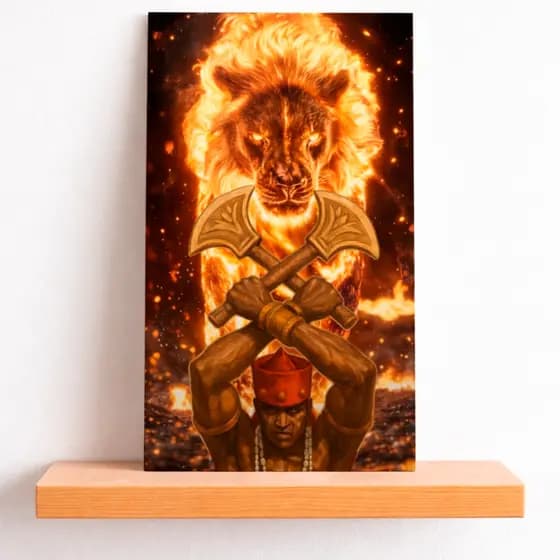 QUADRO DECORATIVO PLACA MDF-XANGÔ COM SEU DOIS MACHADOS COM LEÃO DE FOGO