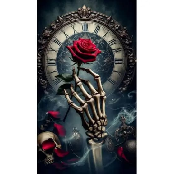 QUADRO DECORATIVO PLACA MDF-MÃO DE CAVEIRA SEGURANDO ROSA VERMELHA COM RELÓGIO NO FUNDO