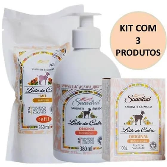 Kit Sabonete Leite De Cabras Com Valvula Pump + Refil + Sabonette Em Barras Suavitrat