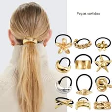 Acessórios de Cabelo Dourado Xuxa Elástico Elegante Luxo Feminino Amarrador Prendedor Metálico Prateado