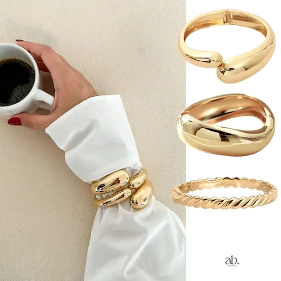 Bracelete Gota Dourado Trançado Metálico | Prata Feminina Orgânico Acessório Elegante Bold Luxo