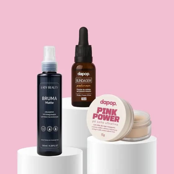 Kit Blindagem Dapop, Bruma Matte Lady Beauty e Pó Facial Rosa Mosqueta Fixação e Acabamento