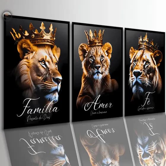 Quadros decorativos Frases Leão Família religioso animais Golden 3 Peças Sala quarto