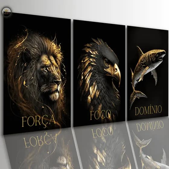 Quadros Decorativos Motivacionais Leão Força Luxo Preto e Dourado Sala Quarto