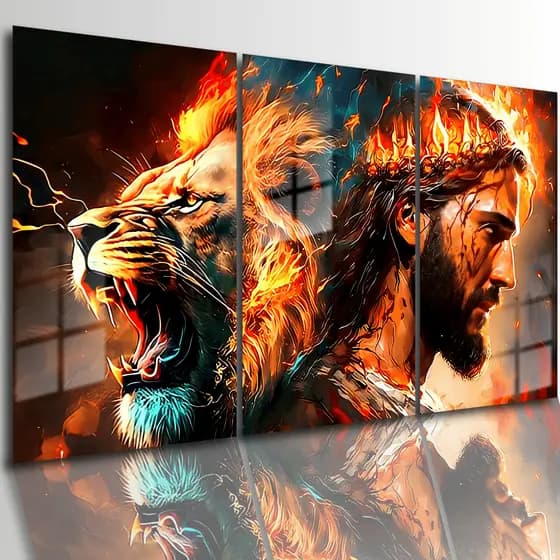 Quadros Decorativos Leão Jesus Com Efeito De Chamas Quadro Grande Sala Quarto