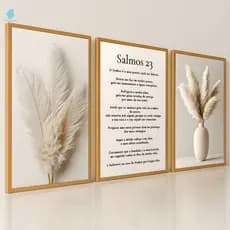 Quadros Decorativos Trio Salmos 23 com Ramos Brancos e Bege Modernos Sala Quarto