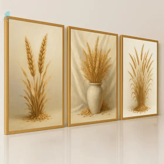 Quadros Decorativos Trigo Trio Dourado  Prosperidade Auspicioso Moderno Sala