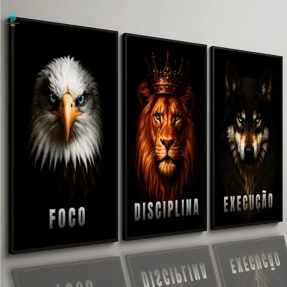Quadros Decorativos Trio Motivacional Foco Disciplina Leão Lobo Águia Preto Sala
